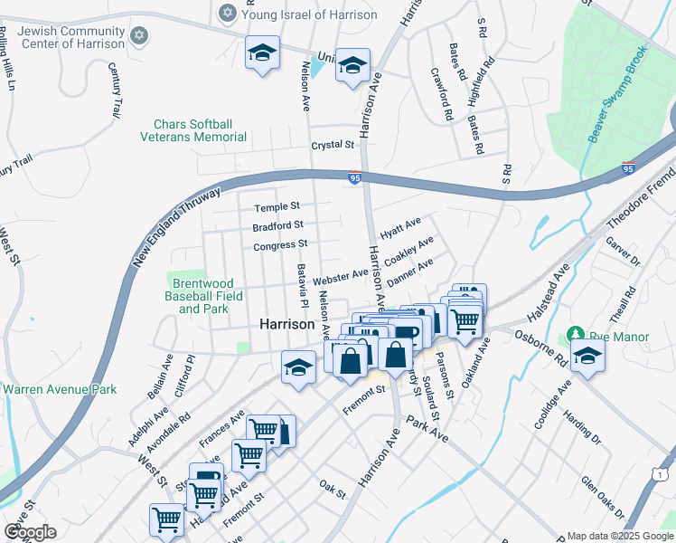 map of restaurants, bars, coffee shops, grocery stores, and more near 35 Park Place in Harrison