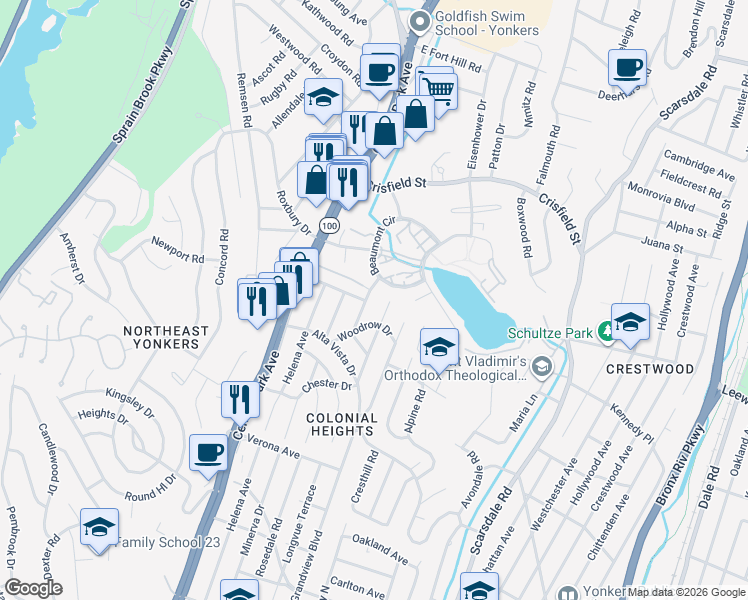 map of restaurants, bars, coffee shops, grocery stores, and more near 25 Beaumont Circle in Yonkers