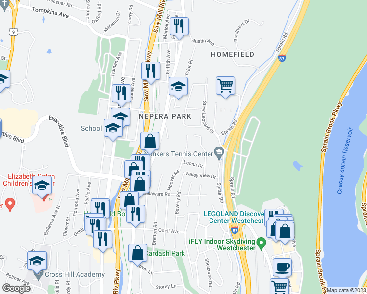 map of restaurants, bars, coffee shops, grocery stores, and more near 1120 Saw Mill River Road in Yonkers