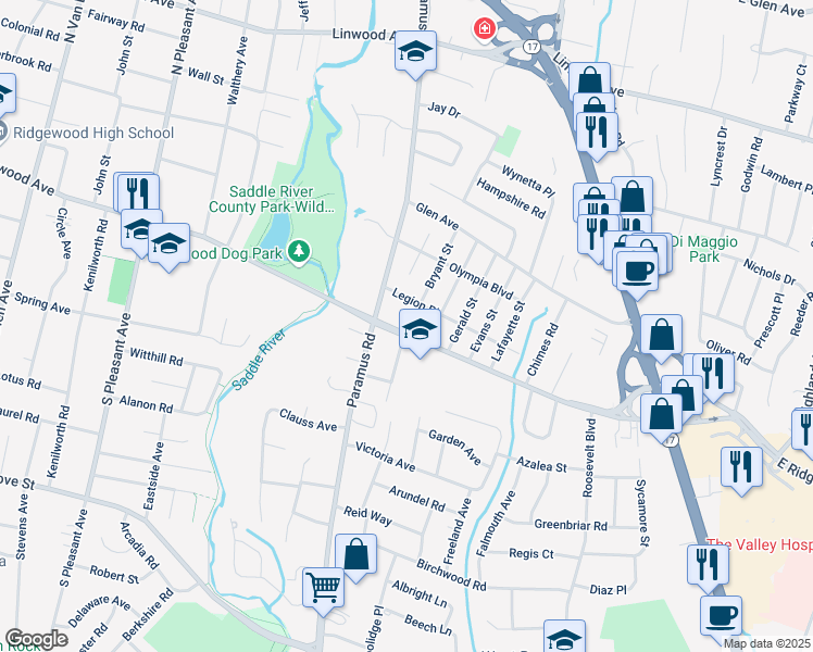 map of restaurants, bars, coffee shops, grocery stores, and more near 3 Legion Place in Paramus
