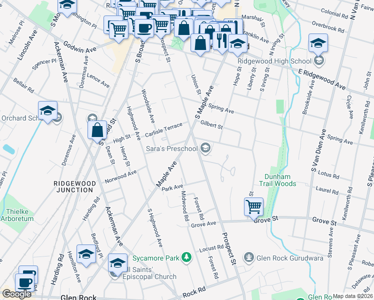 map of restaurants, bars, coffee shops, grocery stores, and more near 274 Prospect Street in Ridgewood