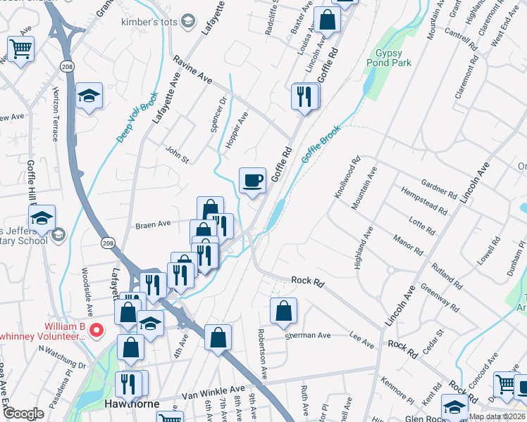 map of restaurants, bars, coffee shops, grocery stores, and more near 539 Goffle Road in Ridgewood