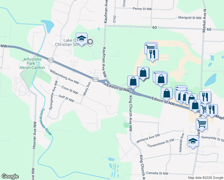 map of restaurants, bars, coffee shops, grocery stores, and more near 1448 Edison Street Northwest in Hartville