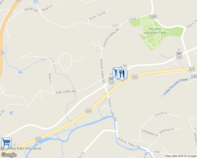 map of restaurants, bars, coffee shops, grocery stores, and more near 455 Hickory Valley Road in Stroudsburg