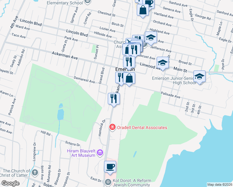 map of restaurants, bars, coffee shops, grocery stores, and more near Kinderkamack Road in Bergen County