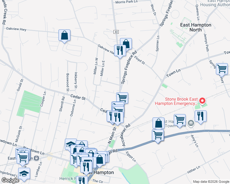 map of restaurants, bars, coffee shops, grocery stores, and more near 165 North Main Street in East Hampton