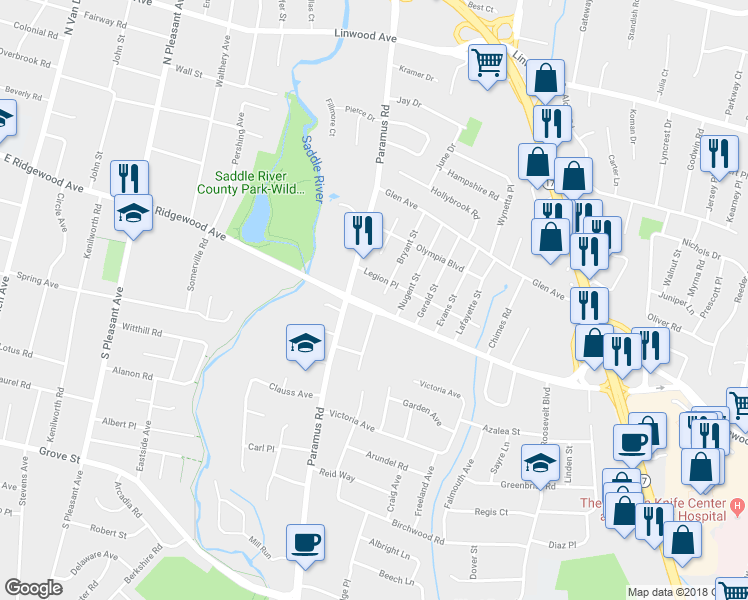 map of restaurants, bars, coffee shops, grocery stores, and more near 121 West Ridgewood Avenue in Paramus