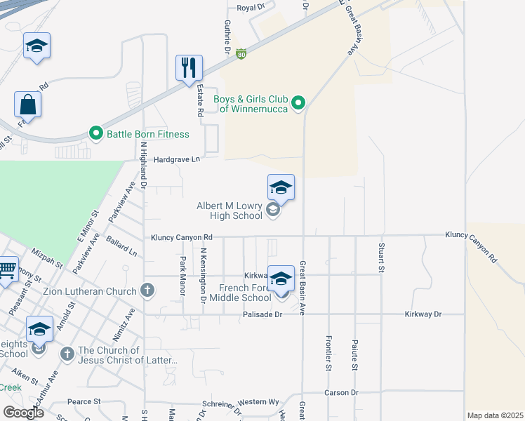 map of restaurants, bars, coffee shops, grocery stores, and more near 5375 Kluncy Canyon Road in Winnemucca