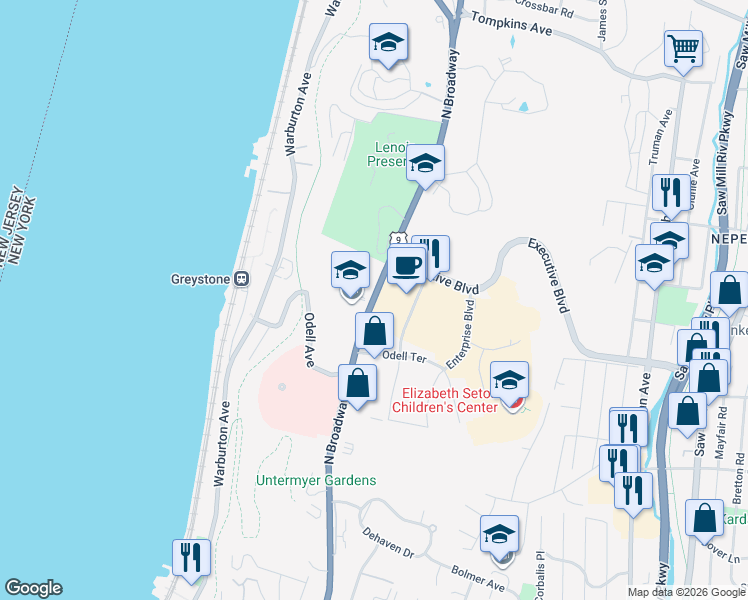 map of restaurants, bars, coffee shops, grocery stores, and more near 1061 North Broadway in Yonkers