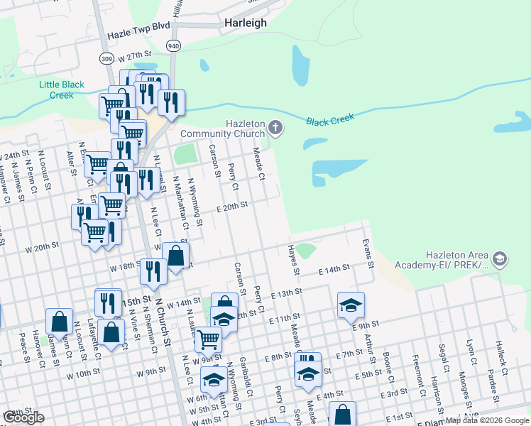 map of restaurants, bars, coffee shops, grocery stores, and more near 214 East 20th Street in Hazleton