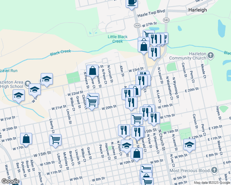 map of restaurants, bars, coffee shops, grocery stores, and more near 977 North Locust Street in Hazleton