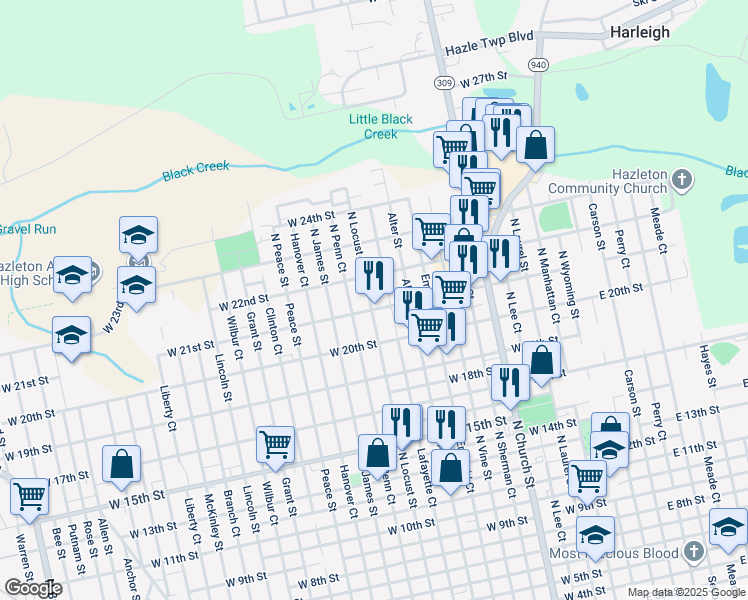 map of restaurants, bars, coffee shops, grocery stores, and more near 977 North Locust Street in Hazleton