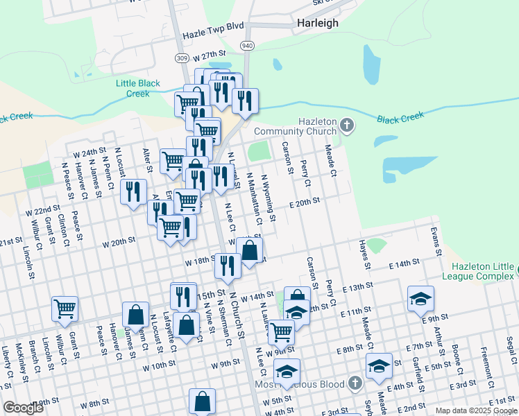 map of restaurants, bars, coffee shops, grocery stores, and more near 17 West 20th Street in Hazleton