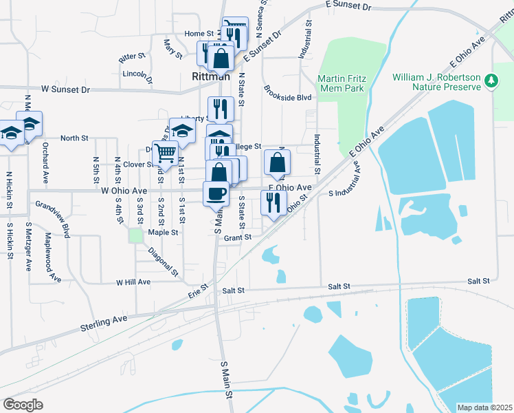 map of restaurants, bars, coffee shops, grocery stores, and more near 82 East Ohio Avenue in Rittman
