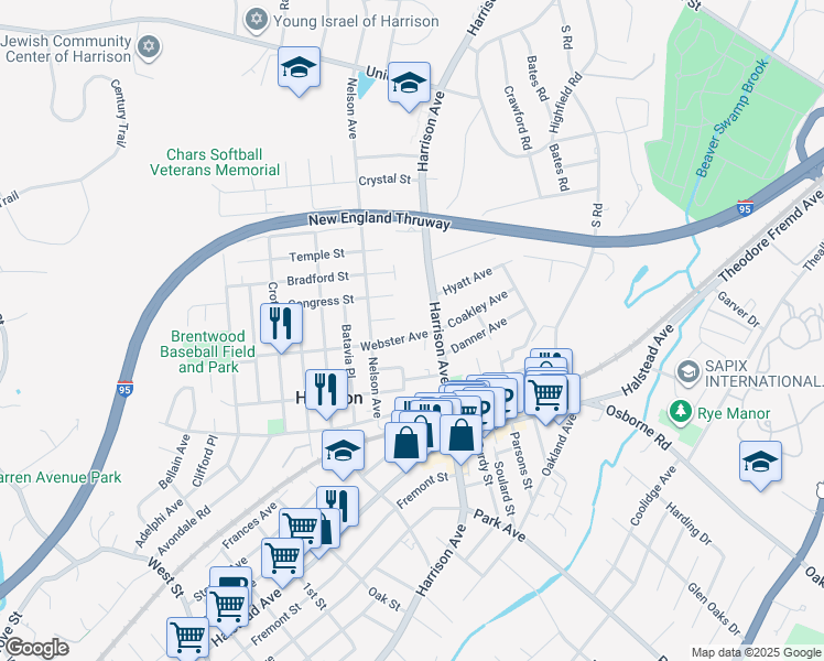 map of restaurants, bars, coffee shops, grocery stores, and more near 35 Park Place in Harrison