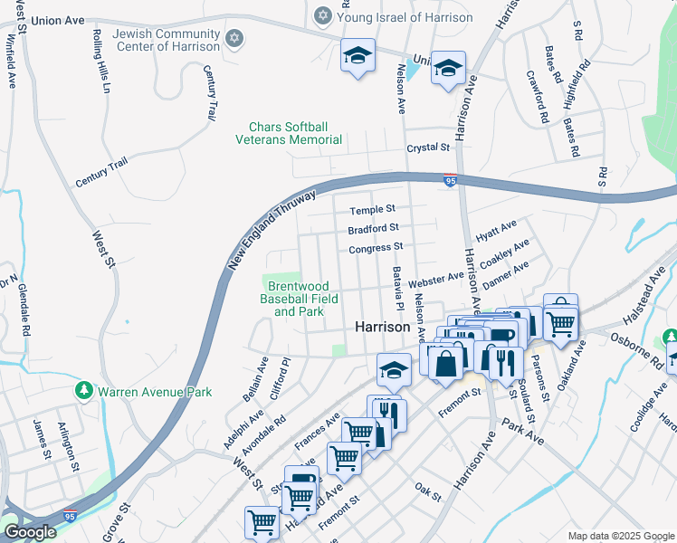 map of restaurants, bars, coffee shops, grocery stores, and more near 104 Post Place in Harrison