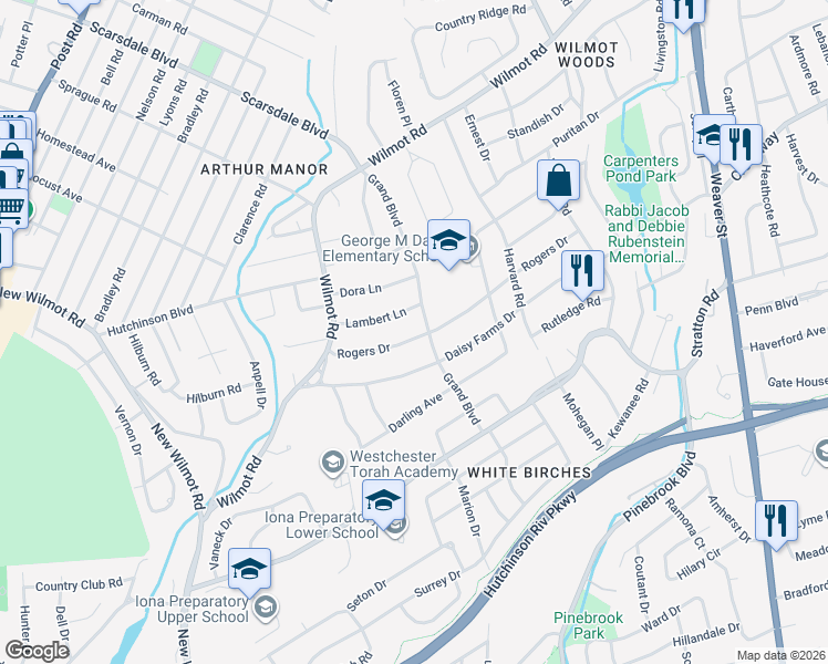 map of restaurants, bars, coffee shops, grocery stores, and more near 67 Lambert Lane in New Rochelle