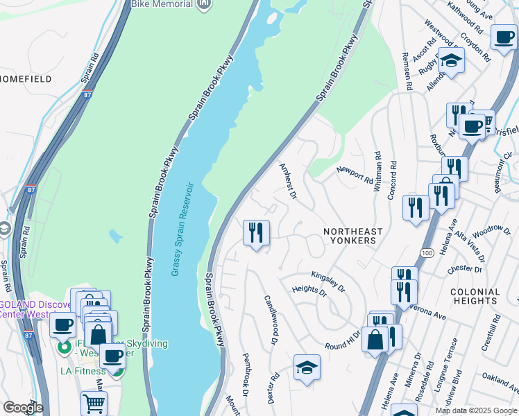 map of restaurants, bars, coffee shops, grocery stores, and more near 634 East Grassy Sprain Road in Yonkers