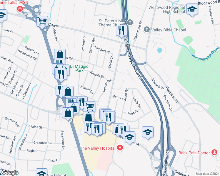 map of restaurants, bars, coffee shops, grocery stores, and more near 761 Highland Avenue in Paramus
