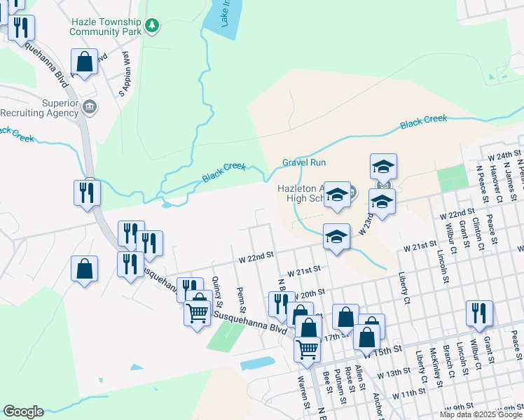 map of restaurants, bars, coffee shops, grocery stores, and more near 99 Park Circle in Hazleton