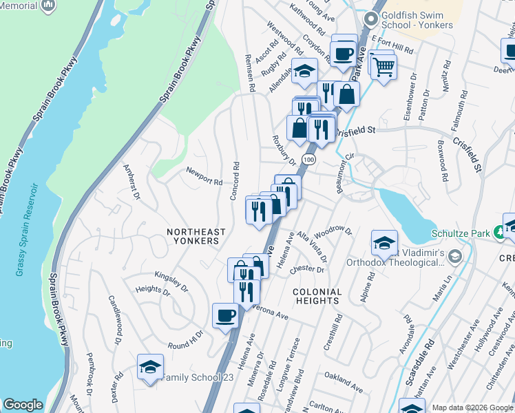 map of restaurants, bars, coffee shops, grocery stores, and more near 1 Remsen Road in Yonkers