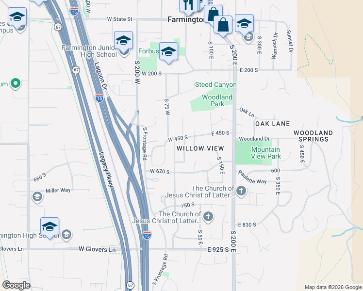 map of restaurants, bars, coffee shops, grocery stores, and more near 466 South 10 West in Farmington
