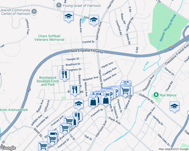 map of restaurants, bars, coffee shops, grocery stores, and more near 35 Park Place in Harrison