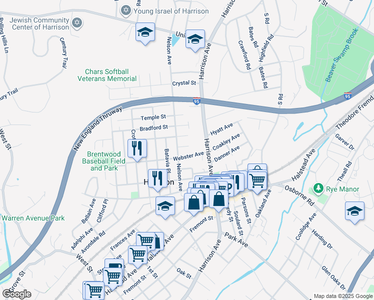 map of restaurants, bars, coffee shops, grocery stores, and more near 35 Park Place in Harrison