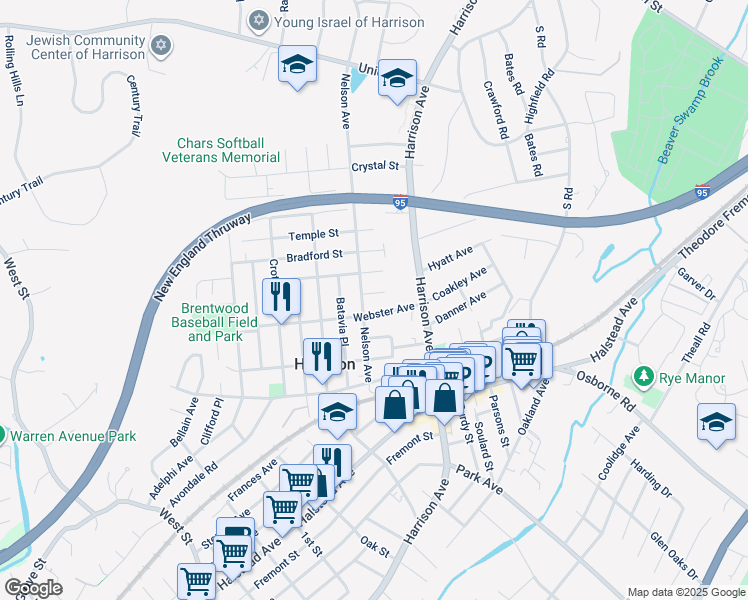 map of restaurants, bars, coffee shops, grocery stores, and more near 77 Nelson Avenue in Harrison