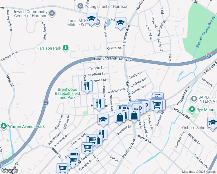 map of restaurants, bars, coffee shops, grocery stores, and more near 77 Nelson Avenue in Harrison