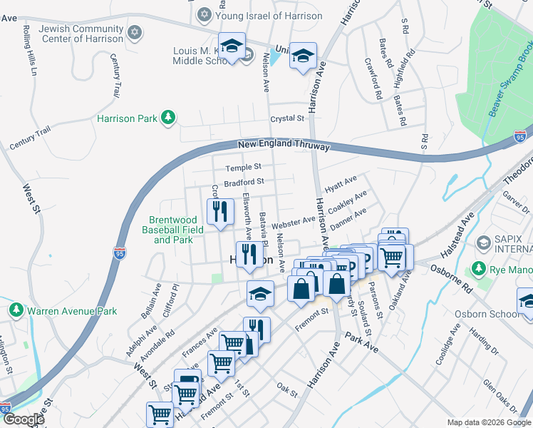 map of restaurants, bars, coffee shops, grocery stores, and more near 77 Nelson Avenue in Harrison