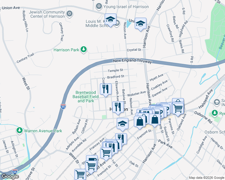 map of restaurants, bars, coffee shops, grocery stores, and more near 104 Post Place in Harrison