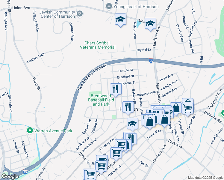 map of restaurants, bars, coffee shops, grocery stores, and more near 127 Rockwell Street in Harrison