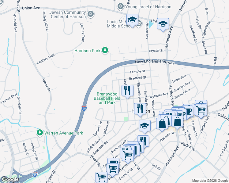 map of restaurants, bars, coffee shops, grocery stores, and more near 7 Shelton Street in Harrison