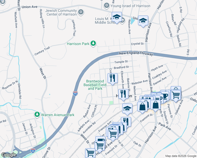 map of restaurants, bars, coffee shops, grocery stores, and more near 7 Shelton Street in Harrison