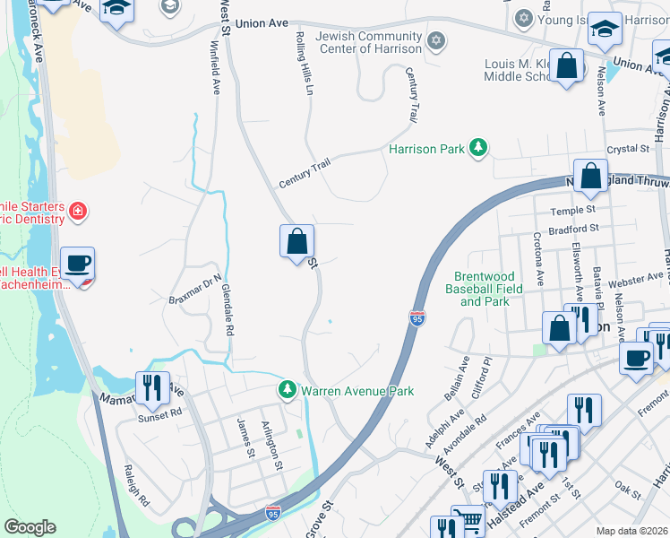 map of restaurants, bars, coffee shops, grocery stores, and more near 429 West Street in Harrison