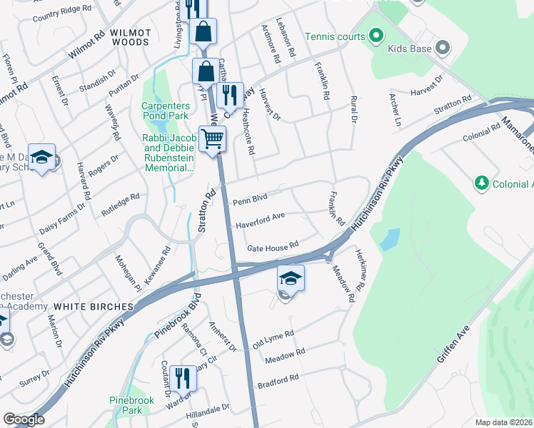 map of restaurants, bars, coffee shops, grocery stores, and more near 33 Haverford Avenue in Scarsdale