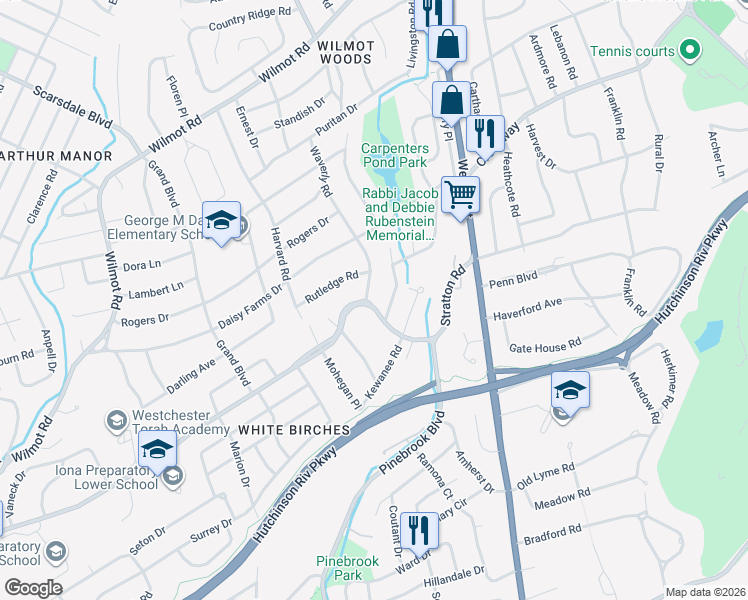 map of restaurants, bars, coffee shops, grocery stores, and more near 244 Waverly Road in Scarsdale