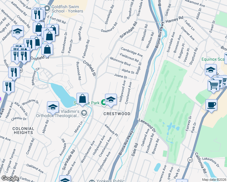 map of restaurants, bars, coffee shops, grocery stores, and more near 54 Brosnan Place in Yonkers