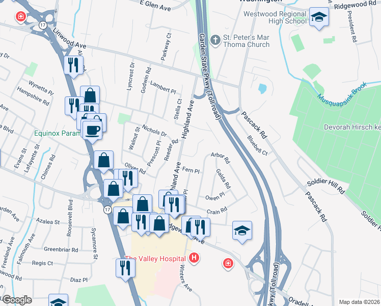map of restaurants, bars, coffee shops, grocery stores, and more near 75 Maryland Road in Paramus