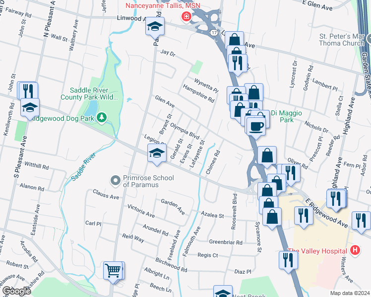 map of restaurants, bars, coffee shops, grocery stores, and more near 712 Gerald Street in Paramus