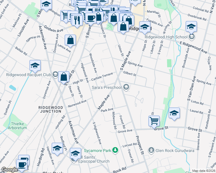 map of restaurants, bars, coffee shops, grocery stores, and more near 157 Linden Street in Ridgewood