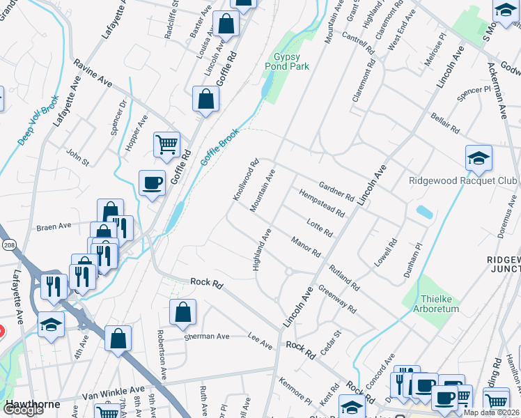 map of restaurants, bars, coffee shops, grocery stores, and more near 425 Mountain Avenue in Ridgewood