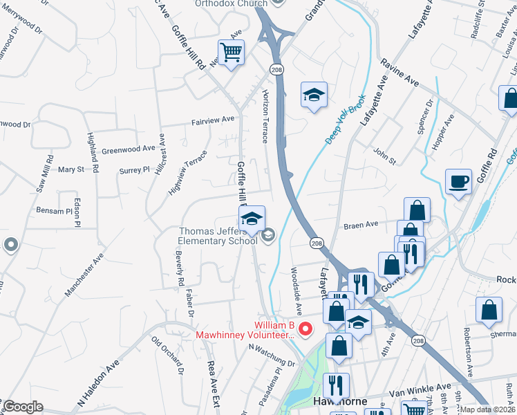 map of restaurants, bars, coffee shops, grocery stores, and more near 205 Beverly Road in Hawthorne