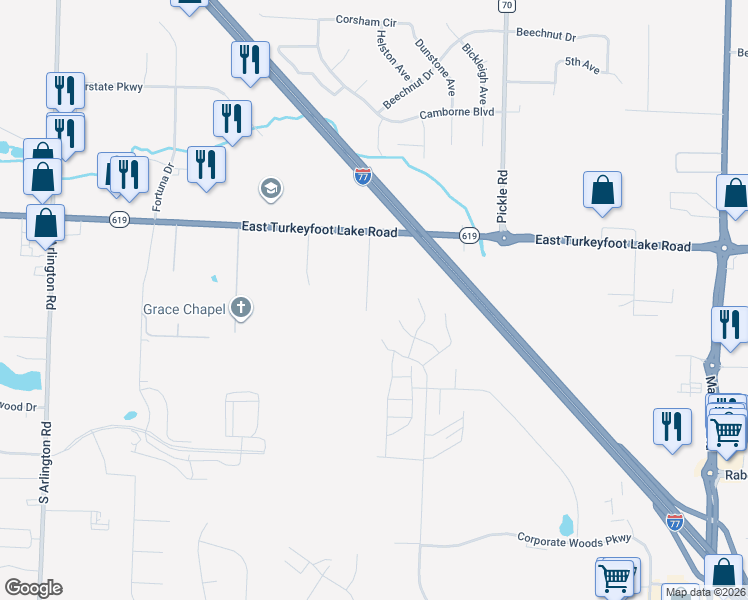 map of restaurants, bars, coffee shops, grocery stores, and more near 3364 Molly Drive in Akron