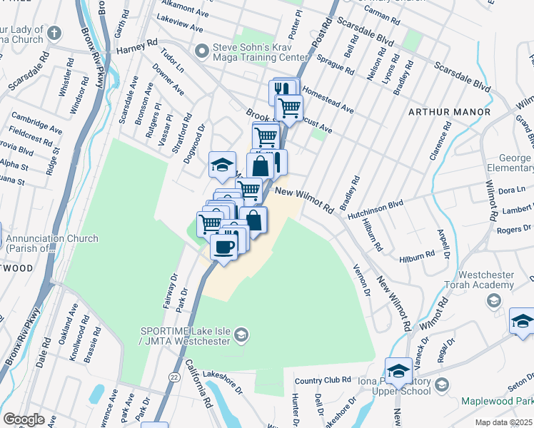 map of restaurants, bars, coffee shops, grocery stores, and more near 750 White Plains Road in Scarsdale