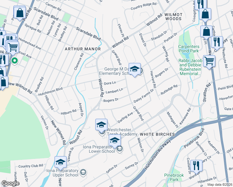 map of restaurants, bars, coffee shops, grocery stores, and more near 46 Lambert Lane in New Rochelle