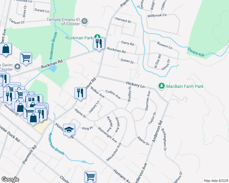 map of restaurants, bars, coffee shops, grocery stores, and more near 32 Collins Avenue in Closter
