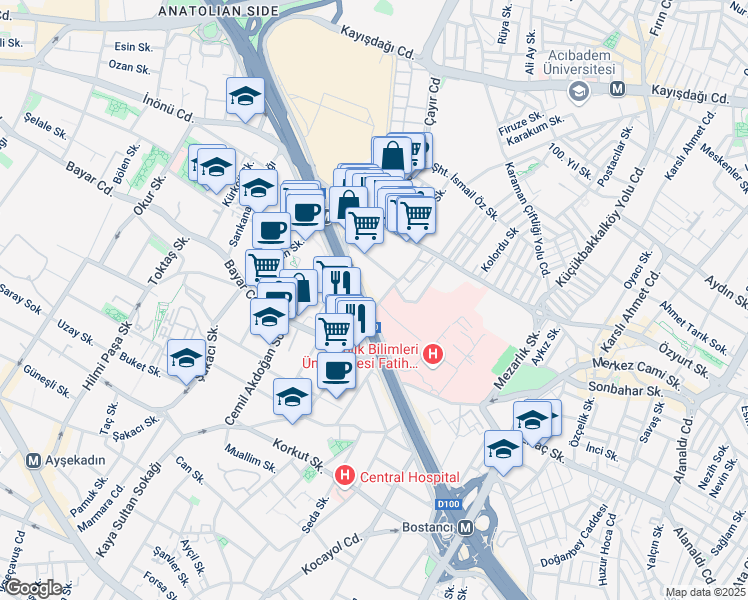 map of restaurants, bars, coffee shops, grocery stores, and more near 34 Umut Sokak in Ataşehir