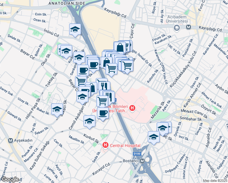 map of restaurants, bars, coffee shops, grocery stores, and more near 34 Umut Sokak in Ataşehir